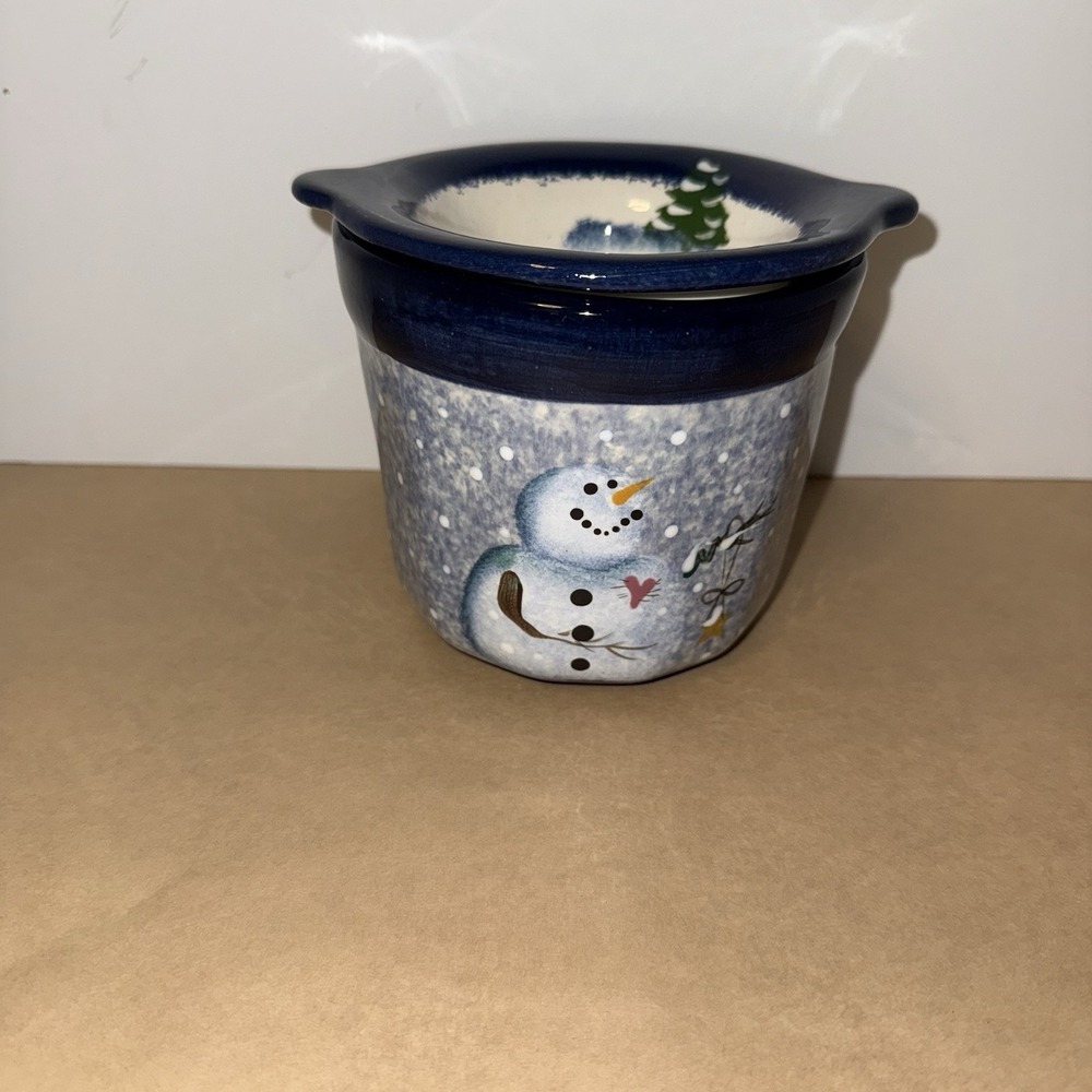 POTTERY CROCK-CHIP DIP COOLER 2 PIECE SET Christmas Winter Snowman Kitchen PARTY
